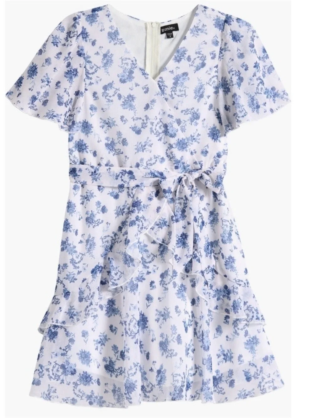 Zunie White and Blue Floral Tie-Waist Dress